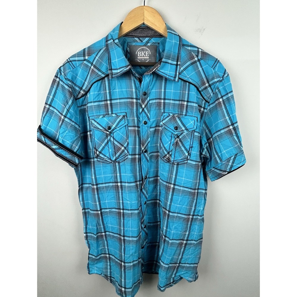 BKE Men XL Standard Fit Turquoise Black Plaid Snap Short Sleeve Shirt 11373NM‎